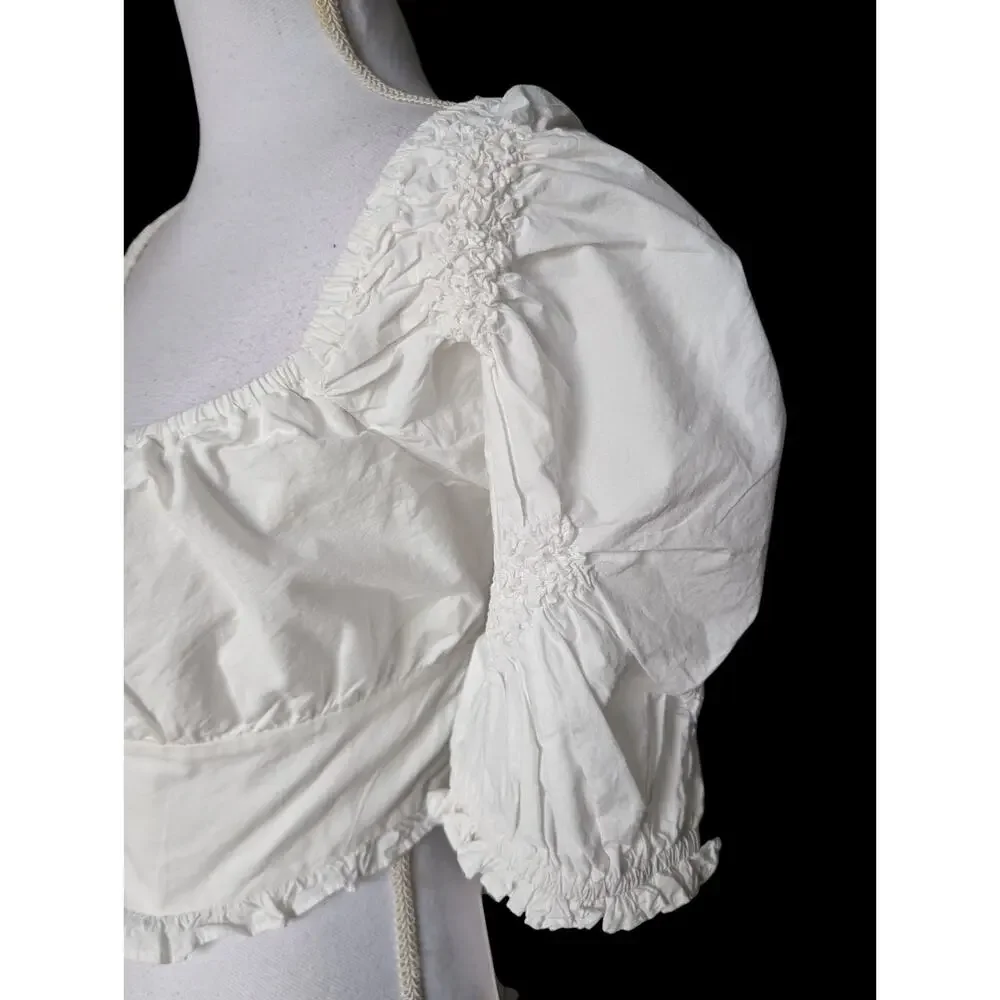 Zara White Smocked Puff Sleeve Open Back Top New Size L Coquette Y2K Milkmaid